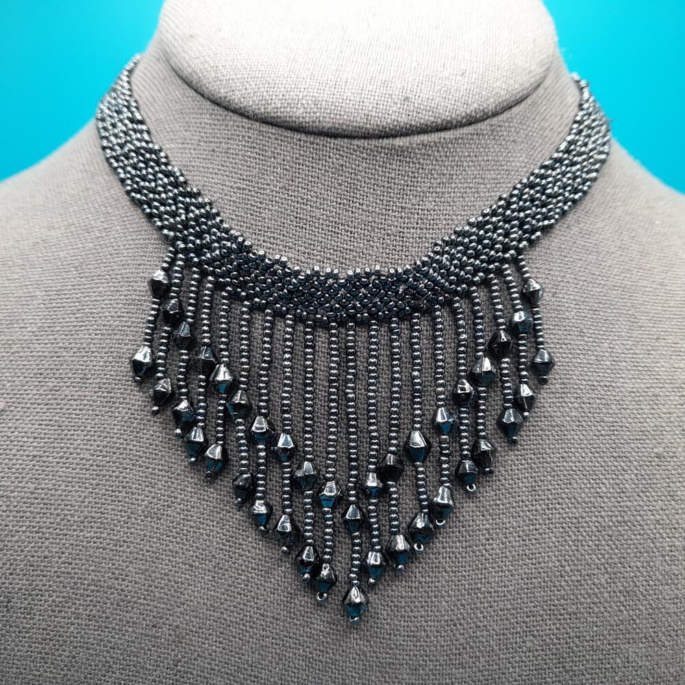 Vintage Hand Woven Seed Bead Fringe Necklace, Metallic Black, 15 1/2"